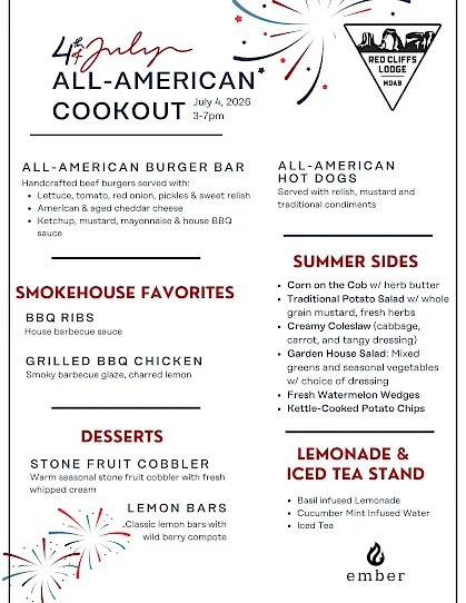 A 4th of July 2026 All-American cookout menu poster featuring burgers, hot dogs, ribs, chicken, summer sides, desserts, and lemonade.
