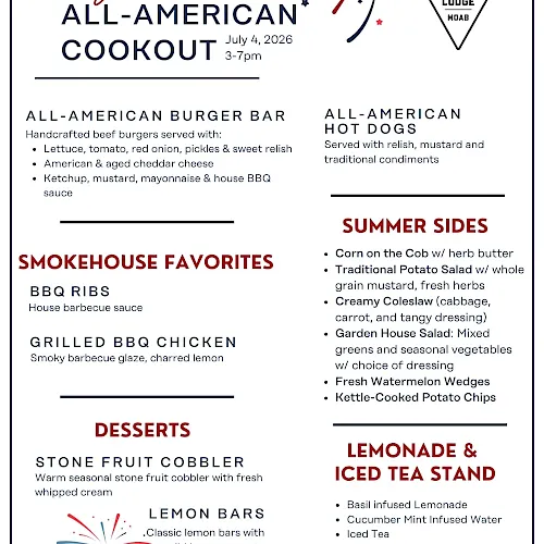 A 4th of July 2026 All-American cookout menu poster featuring burgers, hot dogs, ribs, chicken, summer sides, desserts, and lemonade.