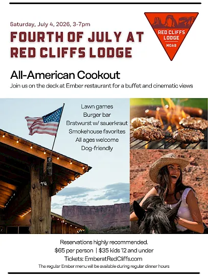 A July 4th Red Cliffs Lodge flyer: All-American cookout with burger bar, bratwurst, lawn games, smokehouse favorites, $65 pp!