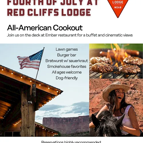 A July 4th Red Cliffs Lodge flyer: All-American cookout with burger bar, bratwurst, lawn games, smokehouse favorites, $65 pp!