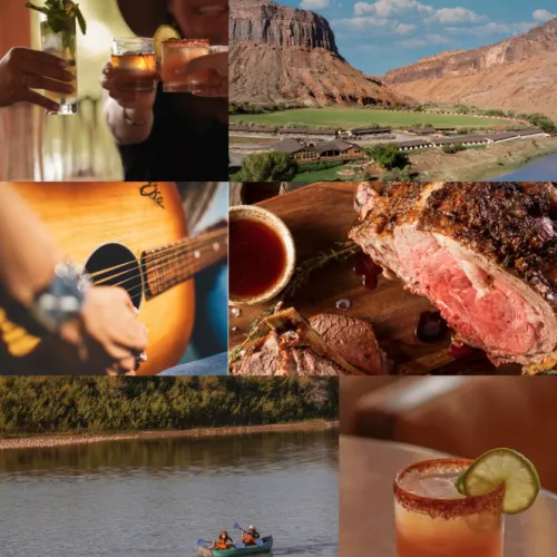 A collage of a cowboy cocktail and drinks, a river rafting boat, desert canyon views, a guitar performance, and grilled steak.