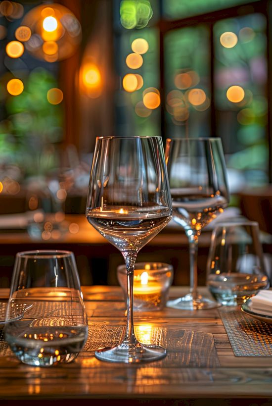 A cozy, dimly lit restaurant table set with wine glasses, plates, and candles, ready for a romantic dinner in warm, bokeh-lit ambiance.