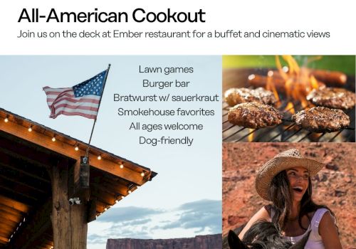 A July 4th Red Cliffs Lodge flyer: All-American cookout with burger bar, bratwurst, lawn games, smokehouse favorites, $65 pp!