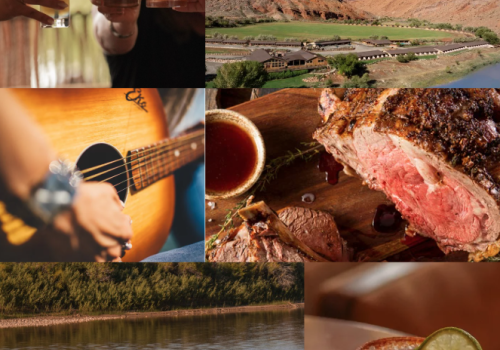 A collage of a cowboy cocktail and drinks, a river rafting boat, desert canyon views, a guitar performance, and grilled steak.